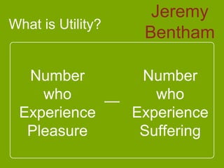 Number
who
Experience
Pleasure
What is Utility?
Number
who
Experience
Suffering
—
Jeremy
Bentham
 
