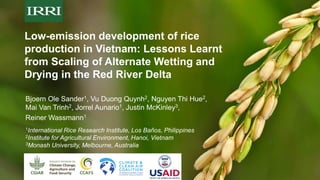 Low-emission development of rice
production in Vietnam: Lessons Learnt
from Scaling of Alternate Wetting and
Drying in the Red River Delta
Bjoern Ole Sander1, Vu Duong Quynh2, Nguyen Thi Hue2,
Mai Van Trinh2, Jorrel Aunario1, Justin McKinley3,
Reiner Wassmann1
1International Rice Research Institute, Los Baños, Philippines
2Institute for Agricultural Environment, Hanoi, Vietnam
3Monash University, Melbourne, Australia
 