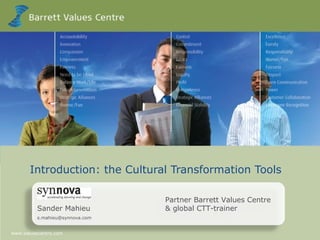 Introduction: the Cultural Transformation Tools

                                 Partner Barrett Values Centre
          Sander Mahieu          & global CTT-trainer
          s.mahieu@synnova.com

   www.valuescentre.com                                          1
www.valuescentre.com
 