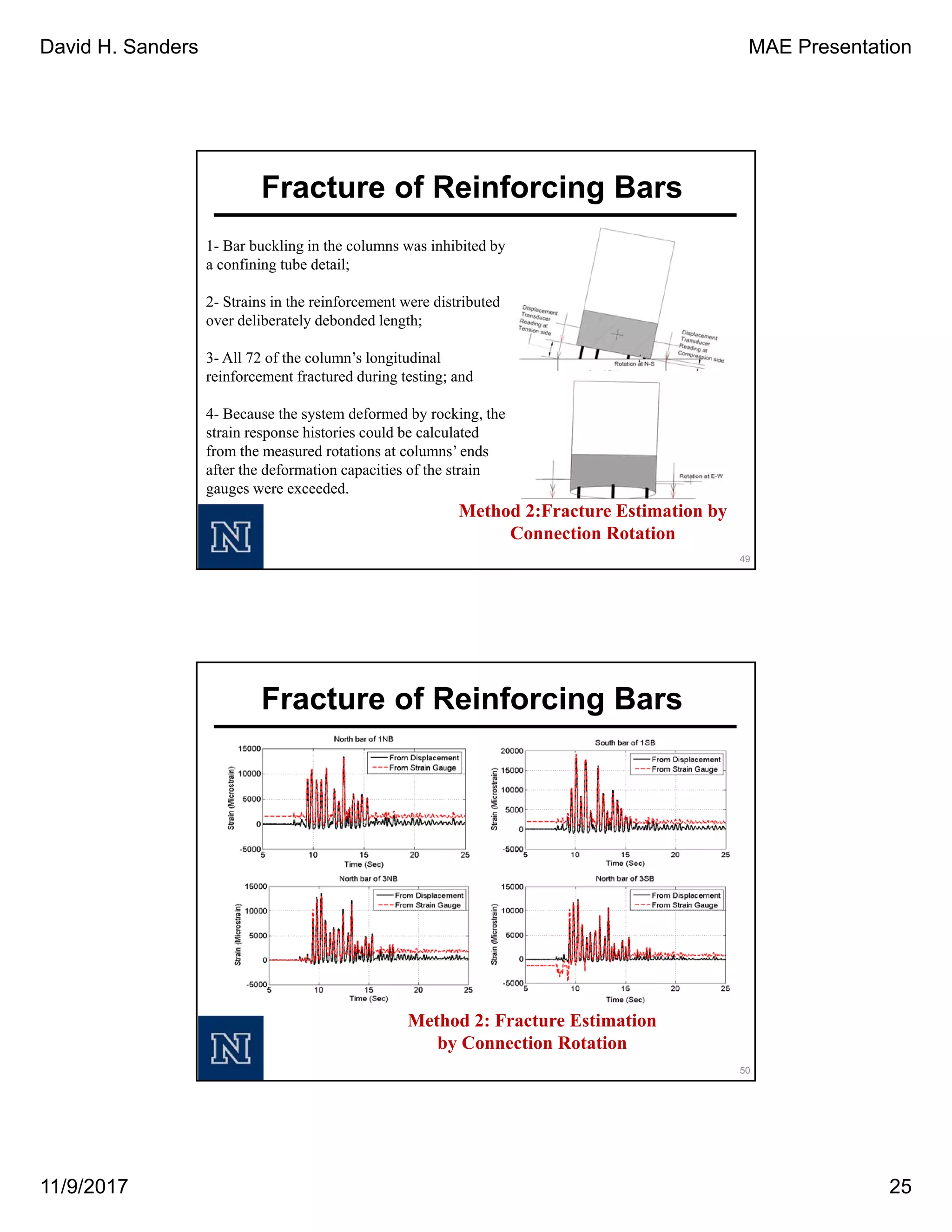 David H. Sanders MAE Presentation
11/9/2017 25
Fracture of Reinforcing Bars
1- Bar buckling in the columns was inhibited by
a confining tube detail;
2- Strains in the reinforcement were distributed
over deliberately debonded length;
3- All 72 of the column’s longitudinal
reinforcement fractured during testing; and
4- Because the system deformed by rocking, the
strain response histories could be calculated
from the measured rotations at columns’ ends
after the deformation capacities of the strain
gauges were exceeded.
Method 2:Fracture Estimation by
Connection Rotation
49
Method 2: Fracture Estimation
by Connection Rotation
50
Fracture of Reinforcing Bars
 