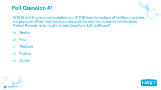 Poll Question #1
At $35B in US government incentives and $105B from the budgets of healthcare systems
and physician offices, how would you describe the return on investment in Electronic
Medical Records, in terms of their total benefits to US healthcare?
a) Terrible
b) Poor
c) Mediocre
d) Positive
e) Superb
 