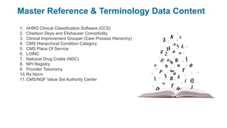 Master Reference & Terminology Data Content
1. AHRQ Clinical Classification Software (CCS)
2. Charlson Deyo and Elixhauser Comorbidity
3. Clinical Improvement Grouper (Care Process Hierarchy)
4. CMS Hierarchical Condition Category
5. CMS Place Of Service
6. LOINC
7. National Drug Codes (NDC)
8. NPI Registry
9. Provider Taxonomy
10.Rx Norm
11.CMS/NQF Value Set Authority Center
 
