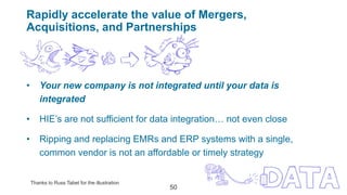 Rapidly accelerate the value of Mergers,
Acquisitions, and Partnerships
• Your new company is not integrated until your data is
integrated
• HIE’s are not sufficient for data integration… not even close
• Ripping and replacing EMRs and ERP systems with a single,
common vendor is not an affordable or timely strategy
Thanks to Russ Tabet for the illustration
50
 