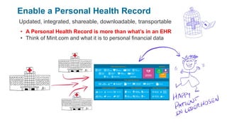 Enable a Personal Health Record
Updated, integrated, shareable, downloadable, transportable
• A Personal Health Record is more than what’s in an EHR
• Think of Mint.com and what it is to personal financial data
 