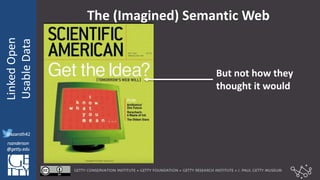 @azaroth42
rsanderson
@getty.edu
IIIF:Interoperabilituy
LinkedOpen
UsableData
@azaroth42
rsanderson
@getty.edu
The (Imagined) Semantic Web
But not how they
thought it would
 