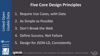 @azaroth42
rsanderson
@getty.edu
IIIF:Interoperabilituy
LinkedOpen
UsableData
@azaroth42
rsanderson
@getty.edu
Five Core Design Principles
1. Require Use Cases, with Data
2. As Simple as Possible
3. Don’t Break the Web
4. Define Success, Not Failure
5. Design for JSON-LD, Consistently
 