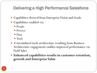 Delivering a High Performance Salesforce
34
 Capabilities derived from EnterpriseVision and Goals
 Capabilities enabled via:
 People
 Process
 Data
 Tools
 A streamlined tools architecture resulting from Business
Architecture engagement enables improved performance via
Field Sales
 Enhanced capabilities results in customer retention,
growth and EnterpriseValue
 