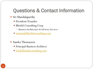 Questions & Contact Information
36
 Sri Mandalaparthy
 President/Founder
 Blissful Consulting Corp
 Business Architecture &Advisory Services
 sriman@blissfulconsulting.com
 SanderThomassen
 Principal BusinessArchitect
 EA@blissfulconsulting.com
 