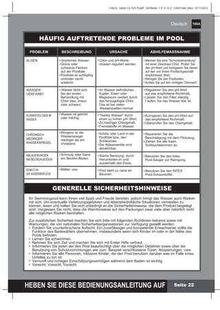 195A
HEBEN SIE DIESE BEDIENUNGSANLEITUNG AUF
(195IO) SAND FILTER PUMP GERMAN 7.5” X 10.3” PANTONE 295U 07/17/2013
Deutsch
Seite 22
HÄUFIG AUFTRETENDE PROBLEME IM POOL
PROBLEM BESCHREIBUNG URSACHE ABHILFEMASSNAHME
ALGEN
WASSER
VERFÄRBT
SCHWEBTEILCHEN IM
WASSER
CHRONISCH
NIEDRIGER
WASSERSPIEGEL	
ABLAGERUNGEN
AM BECKEN-BODEN
SCHMUTZ AN
DER WASSEROBERFLÄCHE
•	Chlor und pH-Werte
	 müssen reguliert werden.
•	Im Wasser befindliches
	 Kupfer, Eisen oder
	 Magnesium oxidiert durch
	 das hinzugefügte Chlor.
	 Das ist bei vielen
Wasserquellen normal.
•	"Hartes Wasser" durch 		
	 einen zu hohen pH- Wert.
•	Zu niedriger Chlorgehalt.
•	Fremdstoffe im Wasser.
•	Schlitz oder Loch in der 		
	 Poolfolie bzw. den 		
	Schläuchen.
•	Die Ablassventile sind 		
	abnehmbar.
•	Starke Bentzung, durch
	 Herumtoben im und
	 ausserhalb des Pools.
•	Pool steht zu nahe an 		
	Bäumen.	
•	Machen Sie eine "Schockbehandlung"
	 mit einer Überdosis Chlor. Prüfen Sie
	 den pH-Wert und korrigieren Sie diesen 	
	 auf den von Ihrem Poolfachgeschäft
	 empfohlenen Wert.
•	Reinigen Sie den Poolboden.
•	Achten Sie auf den richtigen Chlorwert.
•	Regulieren Sie den pH-Wert 		
	 auf das empfohlene Richtmaß.
•	Lassen Sie den Filter ständig
	 l aufen, bis das Wasser klar ist.
•	Korrigieren Sie den pH-Wert auf
	 das empfohlene Richtmaß.
•	Überprüfen Sie den Chlorgehalt.
•	Reparieren Sie die
	 Beschädigung mit dem Flickzeug.
•	Ziehen Sie alle losen
	 Schlauchklemmen an.
•	Benutzen Sie den Intex. 			
	 Pool-Sauger zur Reinigung.
•	Benutzen Sie den INTEX 		
	 Pool-Schaumlüffel.	
•	Grünliches Wasser.
•	Grüne oder 		
	 schwarze Flecken 	
	 auf der Poolfolie.
•	Poolfolie ist schlüpfrig
	 und/oder riecht
	schlecht.
• Wasser färbt sich 	
	 bei der ersten 		
	 Behandlung mit 		
	 Chlor blau, braun
	 oder schwarz.
•	Wasser ist getrübt 	
	 oder milchig.
•	Morgens ist der 		
	Wasserspiegel.
	 niedriger als am 		
	 Vorabend.
•	Schmutz oder Sand
	 am Becken-Boden.
•	Blätter usw.	
GENERELLE SICHERHEITSHINWEISE
Ihr Swimmingpool kann Ihnen viel Spaß und Freude bereiten, jedoch bringt das Wasser auch Risiken
mit sich. Um eventuelle Verletzungsgefahren und lebensbedrohliche Situationen vermeiden zu
können, lesen und halten Sie sich unbedingt an die Sicherheitshinweise, die dem Produkt beigelegt
sind. Vergessen Sie nicht, dass die Warnhinweise auf den Packungen zwar viele aber natürlich nicht
alle möglichen Risiken beinhalten.
Zur zusätzlichen Sicherheit machen Sie sich bitte mit folgenden Richtlinien bekannt sowie mit
Warnungen, die von nationalen Sicherheitsorganisationen zur Verfügung gestellt werden.
•	 Fordern Sie ununterbrochene Aufsicht. Ein zuverlässiger und kompetenter Erwachsener sollte die
	 Funktion des Badewärters übernehmen, insbesondere wenn sich Kinder im oder in der Nähe des
	 Pools befinden.
•	 Lernen Sie schwimmen.
•	 Nehmen Sie sich Zeit und machen Sie sich mit Erster Hilfe vertraut.
•	 Informieren Sie jeden der den Pool beaufsichtigt über die möglichen Gefahren sowie über die
	 Benutzung von Schutzvorrichtungen wie zum 	Beispiel verschlossene Türen, Absperrungen, usw.
•	 Informieren Sie alle Personen, inklusive Kinder, die den Pool benutzen darüber was im Falle eines
	 Unfalles zu tun ist.
•	 Vernunft und richtiges Einschätzungsvermögen während dem Baden ist wichtig.
•	 Vorsicht, Vorsicht, Vorsicht.
 