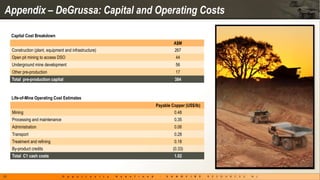 Appendix – DeGrussa: Capital and Operating Costs

     Capital Cost Breakdown
                                                                   A$M
     Construction (plant, equipment and infrastructure)            267
     Open pit mining to access DSO                                  44
     Underground mine development                                   56
     Other pre-production                                           17
     Total pre-production capital                                  384


     Life-of-Mine Operating Cost Estimates
                                                          Payable Copper (US$/lb)
     Mining                                                        0.48
     Processing and maintenance                                    0.35
     Administration                                                0.06
     Transport                                                     0.28
     Treatment and refining                                        0.18
     By-product credits                                           (0.33)
     Total C1 cash costs                                           1.02



18
 