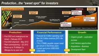 Production...the “sweet spot” for investors




           Production:                  Financial Performance:                             Growth:
    • First DSO and underground ore   • Forecast $2.4 billion operating cash
                                                                                 • Organic growth – exploration
      mined – February 2012             flow, $4.2 billion revenue (DFS: life-
                                        of-mine)                                   success
    • First DSO shipment – May 2012
                                      • 77kt (170Mlb) payable copper metal       • Joint Venture opportunities
    • Plant commissioning – Q3 2012
                                        per annum in first three years           • Acquisitions – Business
    • Ramp-up to 70-80ktpa Cu,        • Current spot price US$8,500/t,
      36kozpa Au by year end                                                       Development Team
                                        US$3.85/lb
8
 