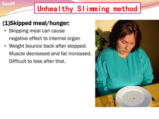 (1)Skipped meal/hunger:
• Skipping meal can cause
negative effect to internal organ
• Weight bounce back after stopped.
Muscle decreased and fat increased.
Difficult to loss after that.
Unhealthy Slimming method
SandFi
 