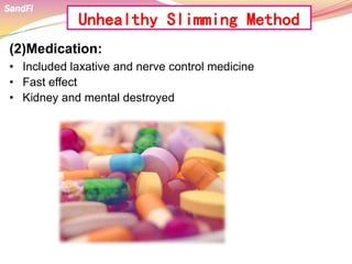 Unhealthy Slimming Method
(2)Medication:
• Included laxative and nerve control medicine
• Fast effect
• Kidney and mental destroyed
SandFi
 