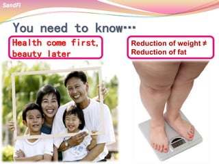 SandFi
You need to know…
Reduction of weight ≠
Reduction of fat
Health come first,
beauty later
 