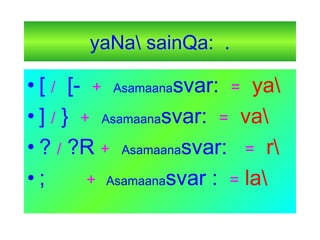 yaNa sainQa: .
• [ / [- + Asamaanasvar: = ya
• ] / } + Asamaanasvar: = va
• ? / ?R + Asamaanasvar: = r
• ; + Asamaanasvar : = la
 