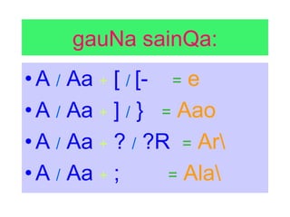 gauNa sainQa:
•A / Aa + [ / [- = e
•A / Aa + ] / } = Aao
•A / Aa + ? / ?R = Ar
•A / Aa + ; = Ala
 