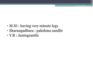 • M.Ni : having very minute legs
• Sharangadhara : pakshma sandhi
• Y.R : Jantugranthi
 