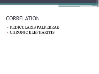 CORRELATION
• PEDICULARIS PALPEBRAE
• CHRONIC BLEPHARITIS
 