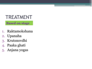 TREATMENT
1. Raktamokshana
2. Upanaha
3. Krutsnovdhi
4. Paaka ghati
5. Anjana yogas
Based on stage
 