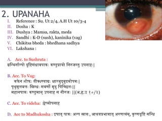 2. UPANAHA
I. Reference : Su. Ut 2/4, A.H Ut 10/3-4
II. Dosha : K
III. Dushya : Mamsa, rakta, meda
IV. Sandhi : K-D (sush), kaninika (vag)
V. Chikitsa bheda : bhedhana sadhya
VI. Lakshana :
A. Acc. to Sushruta :
ग्रन्थिर्नाल्पो दृष्टिसंधावपाकः कण्डुप्रायो निरुजस्तु उपनाहः|
B. Acc. To Vag:
कफे न शोफः तीक्क्ष्ण्याग्रः क्षारबुद्बुदकोपमः|
पृथुमूलबलः स्निग्धः सवर्णो मृदु पिच्छिलः||
महानपाकः कण्डुमान् उपनाह स नीरुजः ||(अ.हृ.उ १०/३)
C. Acc. To videha: श्लेष्मोपनाह
D. Acc to Madhukosha : इषात् पाकः अल्प स्रावः, आश्रयप्रभावात् अरुणत्वंम्, कृष्णदृष्टि सन्धि
 