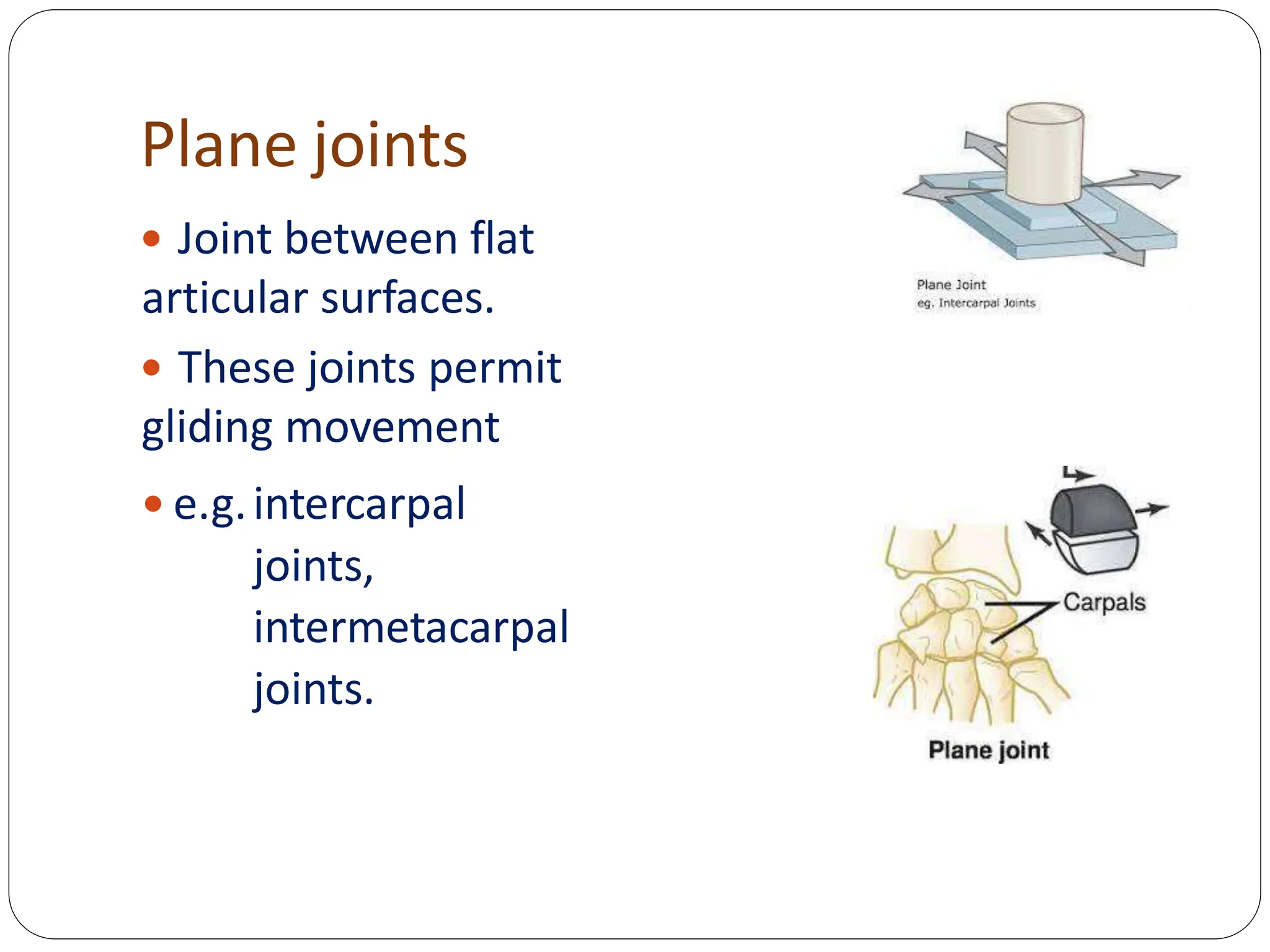 Plane joints
 Joint between flat
articular surfaces.
 These joints permit
gliding movement
 e.g.intercarpal
joints,
intermetacarpal
joints.
 