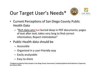 Our	
 Target	
 User’s	
 Needs*	
 
•  Current	
 PercepRons	
 of	
 San	
 Diego	
 County	
 Public	
 
Health	
 Data	
 
–  “Rich	
 data	
 sets	
 but	
 buried	
 deep	
 in	
 PDF	
 documents;	
 pages	
 
of	
 text	
 aYer	
 text;	
 takes	
 very	
 long	
 to	
 ﬁnd	
 correct	
 
informaRon;	
 Report	
 inRmidaRon”	
 

•  Public	
 Health	
 data	
 should	
 be	
 	
 
–  Accessible	
 
–  Organized	
 in	
 a	
 user-­‐friendly	
 way	
 
–  Easily	
 analyzable	
 
–  Easy	
 to	
 share	
 
*Feedback	
 provided	
 by	
 Policy	
 Analysts	
 in	
 San	
 Diego	
 County	
 	
 Government,	
 including	
 Stephanie	
 Gioia-­‐Beckman	
 in	
 Supervisor	
 
Ron	
 Roberts	
 Oﬃce.	
 

 