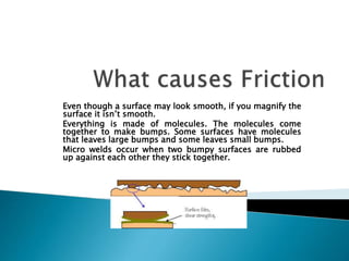 Even though a surface may look smooth, if you magnify the 
surface it isn’t smooth. 
Everything is made of molecules. The molecules come 
together to make bumps. Some surfaces have molecules 
that leaves large bumps and some leaves small bumps. 
Micro welds occur when two bumpy surfaces are rubbed 
up against each other they stick together. 
 