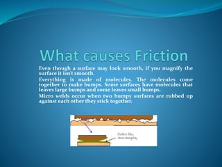 Even though a surface may look smooth, if you magnify the 
surface it isn’t smooth. 
Everything is made of molecules. The molecules come 
together to make bumps. Some surfaces have molecules that 
leaves large bumps and some leaves small bumps. 
Micro welds occur when two bumpy surfaces are rubbed up 
against each other they stick together. 
 