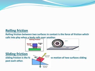 Rolling friction 
Rolling friction between two surfaces in contact is the force of friction which 
calls into play when a body rolls over another. 
Sliding friction 
sliding friction is the force that opposes the motion of two surfaces sliding 
past each other. 
 