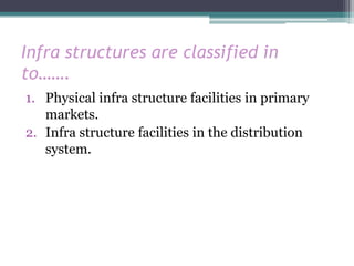 Infra structures are classified in
to…….
1. Physical infra structure facilities in primary
   markets.
2. Infra structure facilities in the distribution
   system.
 