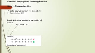 Example: Step-by-Step Encoding Process
Step 1: Choose data bits
 Let’s say we have m = 4 data bits:
 Data bits = 1101
Step 2: Calculate number of parity bits (r)
Formula:
2 ^ r ≥ m + r + 1
 
