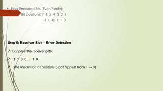  Final Encoded Bits (Even Parity):
 Bit positions: 7 6 5 4 3 2 1
1 1 0 0 1 1 0
Step 5: Receiver Side – Error Detection
 Suppose the receiver gets:
 1 1 0 0 0 1 0
 (This means bit at position 3 got flipped from 1 → 0)
 