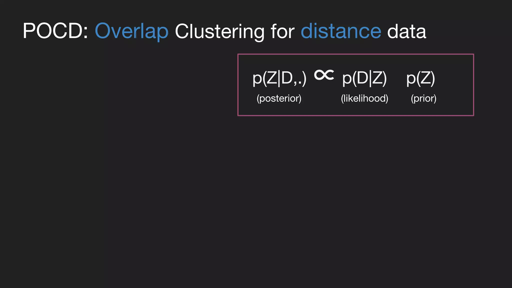 POCD: Overlap Clustering for distance data
p(Z|D,.) ∝ p(D|Z) p(Z)
(prior)(posterior) (likelihood)
 