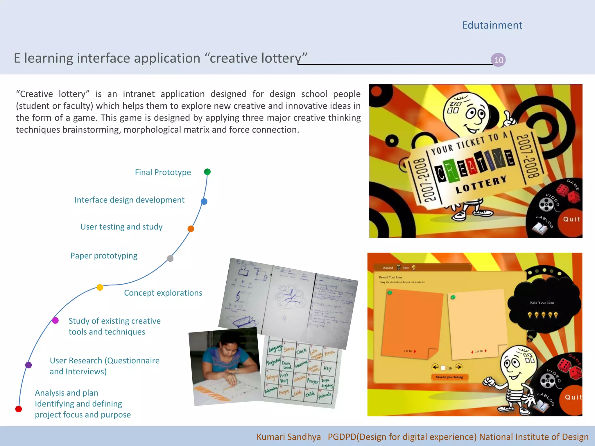 Edutainment

E learning interface application “creative lottery”                                                                 10


“Creative lottery” is an intranet application designed for design school people
(student or faculty) which helps them to explore new creative and innovative ideas in
the form of a game. This game is designed by applying three major creative thinking
techniques brainstorming, morphological matrix and force connection.



                                Final Prototype


              Interface design development

                User testing and study


             Paper prototyping



                            Concept explorations


             Study of existing creative
             tools and techniques


        User Research (Questionnaire
        and Interviews)

    Analysis and plan
    Identifying and defining
    project focus and purpose

                                                           Kumari Sandhya PGDPD(Design for digital experience) National Institute of Design
 