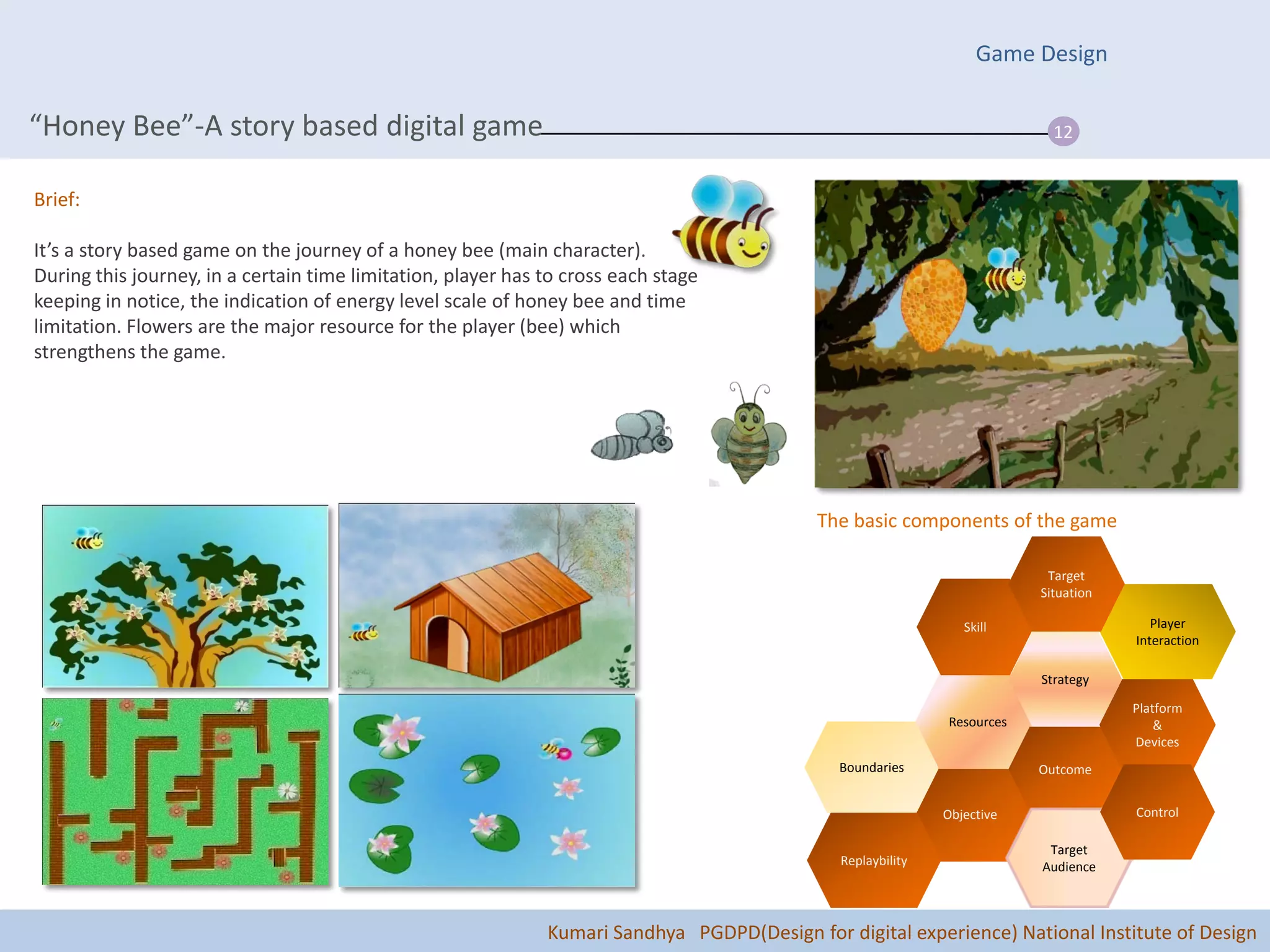 Game Design


“Honey Bee”-A story based digital game                                                                                      12


Brief:

It’s a story based game on the journey of a honey bee (main character).
During this journey, in a certain time limitation, player has to cross each stage
keeping in notice, the indication of energy level scale of honey bee and time
limitation. Flowers are the major resource for the player (bee) which
strengthens the game.




                                                                                            The basic components of the game

                                                                                                                           Target
                                                                                                                          Situation

                                                                                                                 Skill                   Player
                                                                                                                                      Interaction

                                                                                                                          Strategy

                                                                                                                                      Platform
                                                                                                              Resources                   &
                                                                                                                                      Devices
                                                                                              Boundaries                  Outcome


                                                                                                              Objective               Control

                                                                                                                           Target
                                                                                               Replaybility               Audience



                                                              Kumari Sandhya PGDPD(Design for digital experience) National Institute of Design
 