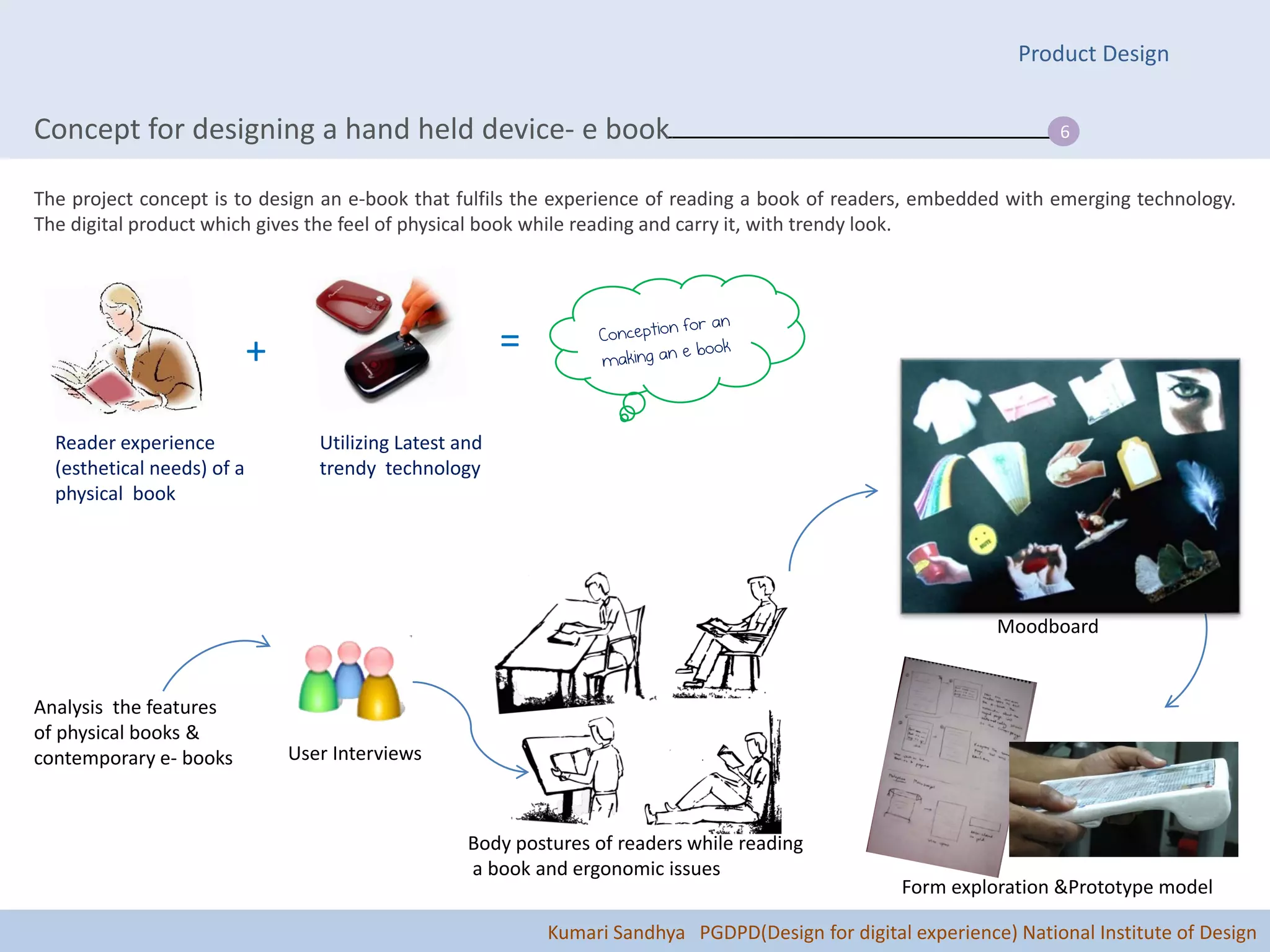 Product Design


Concept for designing a hand held device- e book.                                                                      6


The project concept is to design an e-book that fulfils the experience of reading a book of readers, embedded with emerging technology.
The digital product which gives the feel of physical book while reading and carry it, with trendy look.




                            +                             =

  Reader experience                Utilizing Latest and
  (esthetical needs) of a          trendy technology
  physical book




                                                                                                                Moodboard


Analysis the features
of physical books &
contemporary e- books           User Interviews



                                                     Body postures of readers while reading
                                                     a book and ergonomic issues
                                                                                                     Form exploration &Prototype model

                                                              Kumari Sandhya PGDPD(Design for digital experience) National Institute of Design
 
