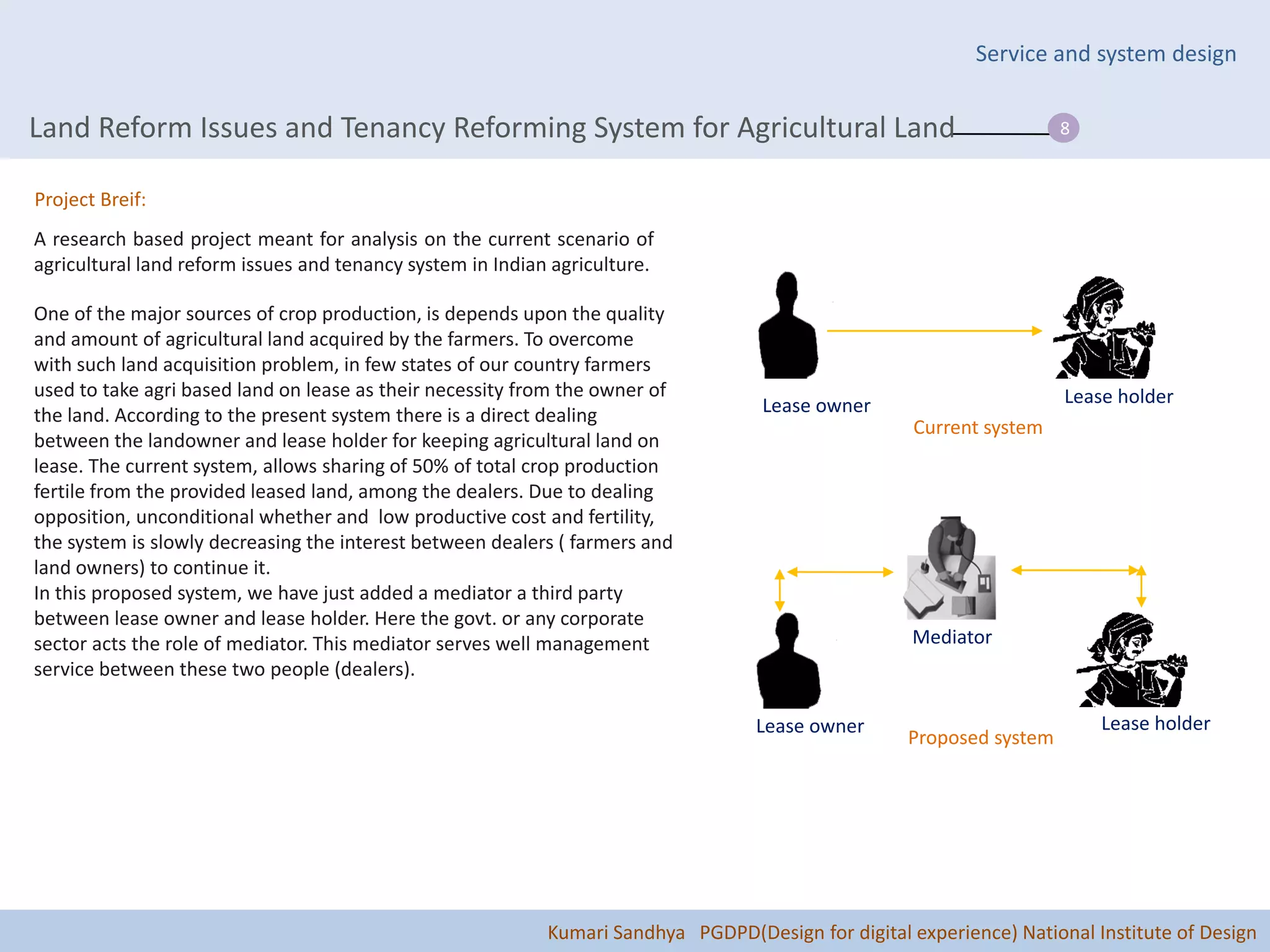 Service and system design


Land Reform Issues and Tenancy Reforming System for Agricultural Land                                                 8


Project Breif:
A research based project meant for analysis on the current scenario of
agricultural land reform issues and tenancy system in Indian agriculture.

One of the major sources of crop production, is depends upon the quality
and amount of agricultural land acquired by the farmers. To overcome
with such land acquisition problem, in few states of our country farmers
used to take agri based land on lease as their necessity from the owner of                                            Lease holder
the land. According to the present system there is a direct dealing                 Lease owner
                                                                                                     Current system
between the landowner and lease holder for keeping agricultural land on
lease. The current system, allows sharing of 50% of total crop production
fertile from the provided leased land, among the dealers. Due to dealing
opposition, unconditional whether and low productive cost and fertility,
the system is slowly decreasing the interest between dealers ( farmers and
land owners) to continue it.
In this proposed system, we have just added a mediator a third party
between lease owner and lease holder. Here the govt. or any corporate
sector acts the role of mediator. This mediator serves well management                               Mediator
service between these two people (dealers).

                                                                                   Lease owner                            Lease holder
                                                                                                    Proposed system




                                                            Kumari Sandhya PGDPD(Design for digital experience) National Institute of Design
 