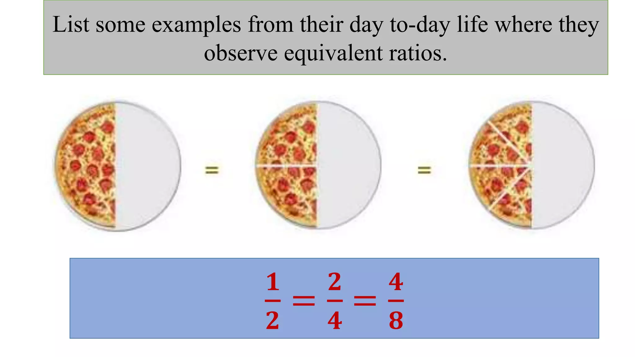 𝟏
𝟐
=
𝟐
𝟒
=
𝟒
𝟖
List some examples from their day to-day life where they
observe equivalent ratios.
 