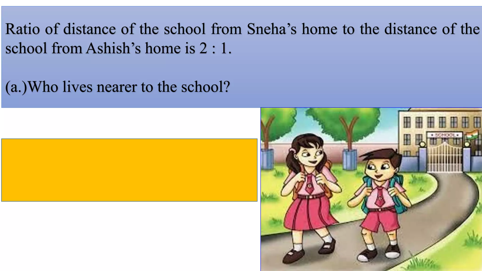 Ratio of distance of the school from Sneha’s home to the distance of the
school from Ashish’s home is 2 : 1.
(a.)Who lives nearer to the school?
 
