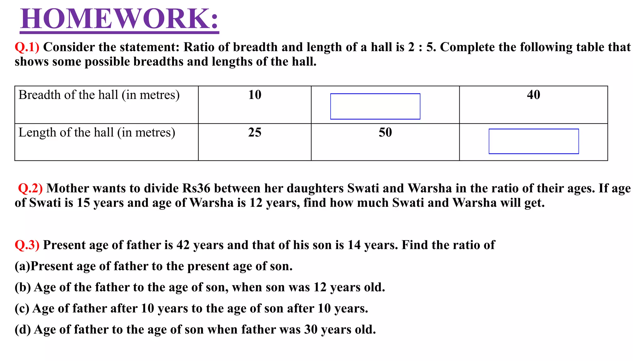 HOMEWORK:
Q.1) Consider the statement: Ratio of breadth and length of a hall is 2 : 5. Complete the following table that
shows some possible breadths and lengths of the hall.
Q.2) Mother wants to divide Rs36 between her daughters Swati and Warsha in the ratio of their ages. If age
of Swati is 15 years and age of Warsha is 12 years, find how much Swati and Warsha will get.
Q.3) Present age of father is 42 years and that of his son is 14 years. Find the ratio of
(a)Present age of father to the present age of son.
(b) Age of the father to the age of son, when son was 12 years old.
(c) Age of father after 10 years to the age of son after 10 years.
(d) Age of father to the age of son when father was 30 years old.
Breadth of the hall (in metres) 10 40
Length of the hall (in metres) 25 50
 