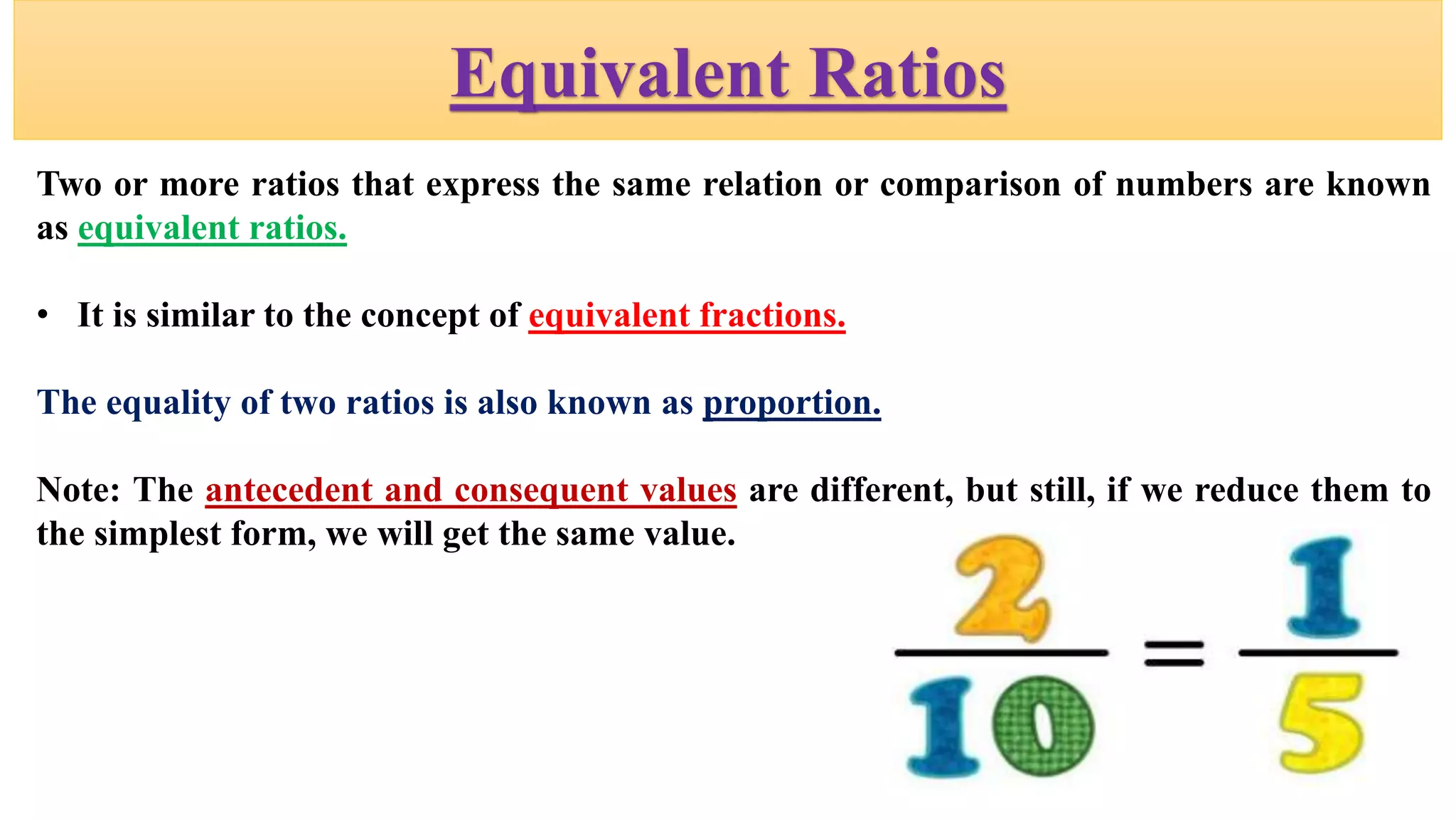 Equivalent Ratios
Two or more ratios that express the same relation or comparison of numbers are known
as equivalent ratios.
• It is similar to the concept of equivalent fractions.
The equality of two ratios is also known as proportion.
Note: The antecedent and consequent values are different, but still, if we reduce them to
the simplest form, we will get the same value.
 
