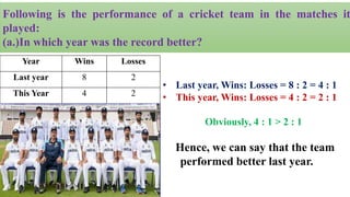 Following is the performance of a cricket team in the matches it
played:
(a.)In which year was the record better?
Year Wins Losses
Last year 8 2
This Year 4 2
• Last year, Wins: Losses = 8 : 2 = 4 : 1
• This year, Wins: Losses = 4 : 2 = 2 : 1
Obviously, 4 : 1 > 2 : 1
Hence, we can say that the team
performed better last year.
 