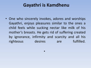 Gayathri is KamdhenuOne who sincerely invokes, adores and worships Gayathri, enjoys pleasures similar to the ones a child feels while sucking nectar like milk of his mother’s breasts. He gets rid of suffering created by ignorance, infirmity and scarcity and all his righteous desires are fulfilled.