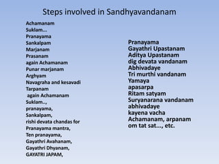 Steps involved in SandhyavandanamAchamanamSuklam...PranayamaSankalpamMarjanamPrasanamagain AchamanamPunar marjanamArghyamNavagraha and kesavadi Tarpanam again AchamanamSuklam.., pranayama,Sankalpam, rishi devata chandas for Pranayama mantra, Ten pranayama,Gayathri Avahanam, Gayathri Dhyanam, GAYATRI JAPAM, PranayamaGayathri UpastanamAditya Upastanamdig devata vandanamAbhivadaye Tri murthi vandanam YamayaapasarpaRitam satyamSuryanarana vandanamabhivadayekayena vachaAchamanam, arpanam om tat sat..., etc.