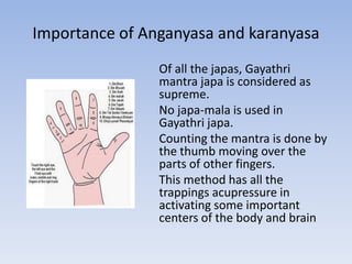 Importance of Anganyasa and karanyasaOf all the japas, Gayathri mantra japa is considered as supreme.No japa-mala is used in Gayathri japa.Counting the mantra is done by the thumb moving over the parts of other fingers.This method has all the trappings acupressure in activating some important centers of the body and brain