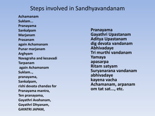 Steps involved in Sandhyavandanam<br />AchamanamSuklam...PranayamaSankalpamMarjanamPrasanamagain AchamanamPunar marjanamAr...