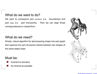 What do we want to do?
We want to correspond part junctions (i.e.    boundaries) and
part caps (i.e.   part end-points).   Then we can align those
correspondences in closed form.




What do we need?
Simple, robust algorithm for decomposing shape into part graph
that captures the part structures shared between two shapes of
the same object class



Must be:
      Invariant to isometry
      As minimal as possible


                                                                 Sandia National Laboratories – p. 23/5
 