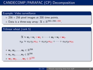 CANDECOMP/PARAFAC (CP) Decomposition
Example: Video surveillance
256 × 256 pixel images at 200 time points.
Data is a three-way array: X ∈ R256×256×200.
Trilinear wheat (rank 5)
X ≈ u1 ◦ v1 ◦ w1 + · · · + u5 ◦ v5 ◦ w5.
xijk ≈ ui1vj1wk1 + ui2vj2wk2 + · · · + ui5vj5wk5
u1, u2, . . . , u5 ∈ R256
v1, v2, . . . , v5 ∈ R256
w1, w2, . . . , w5 ∈ R200
Eric Chi Robustly separating wheat from chaﬀ 15
 