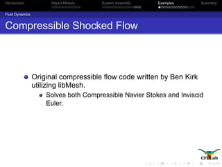 Introduction Object Models System Assembly Examples Summary
Fluid Dynamics
Compressible Shocked Flow
Original compressible ﬂow code written by Ben Kirk
utilizing libMesh.
Solves both Compressible Navier Stokes and Inviscid
Euler.
 