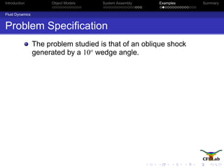 Introduction Object Models System Assembly Examples Summary
Fluid Dynamics
Problem Speciﬁcation
The problem studied is that of an oblique shock
generated by a 10o
wedge angle.
 